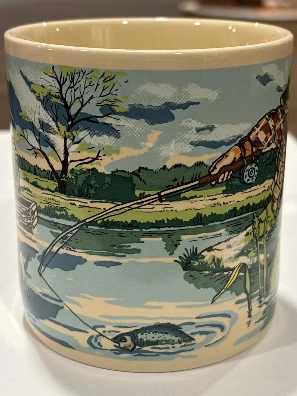 Vintage RUSS fly fishing coffee mug, idyllic cabin core vibes. Dad gift